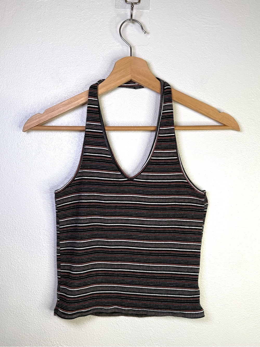 American Eagle Multicolor Striped Ribbed Halter Top Plunging Neckline Size Small